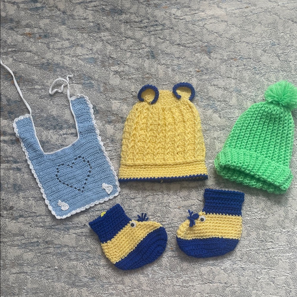 Handmade Kids Knit Hat, Booties & Bib Set - Yellow, Blue, Green